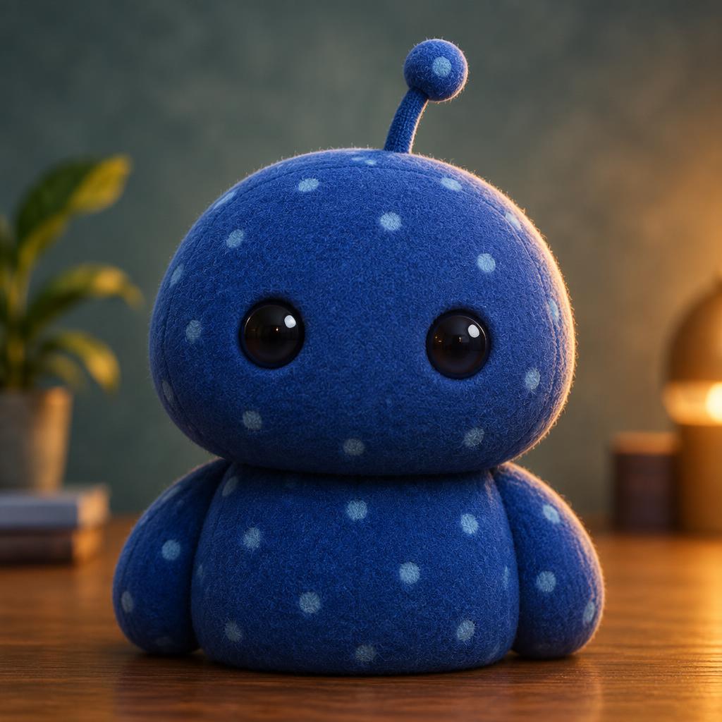 Portrait of June, the cobalt-blue dotted plush editor at The Struggle